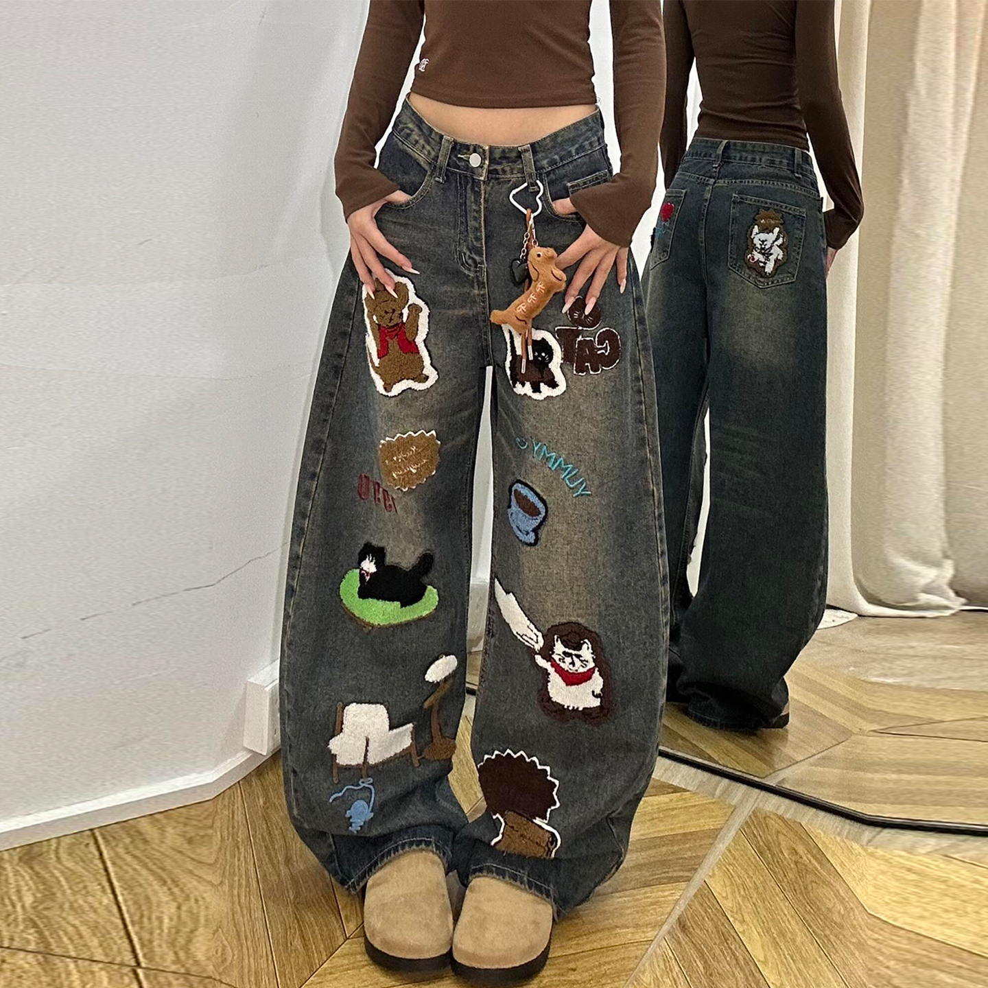 特大码高街风小众设计感弯刀裤女