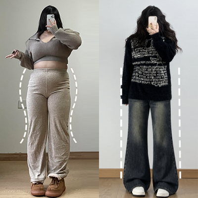 大码胖mm辣妹风百搭休闲微喇裤女