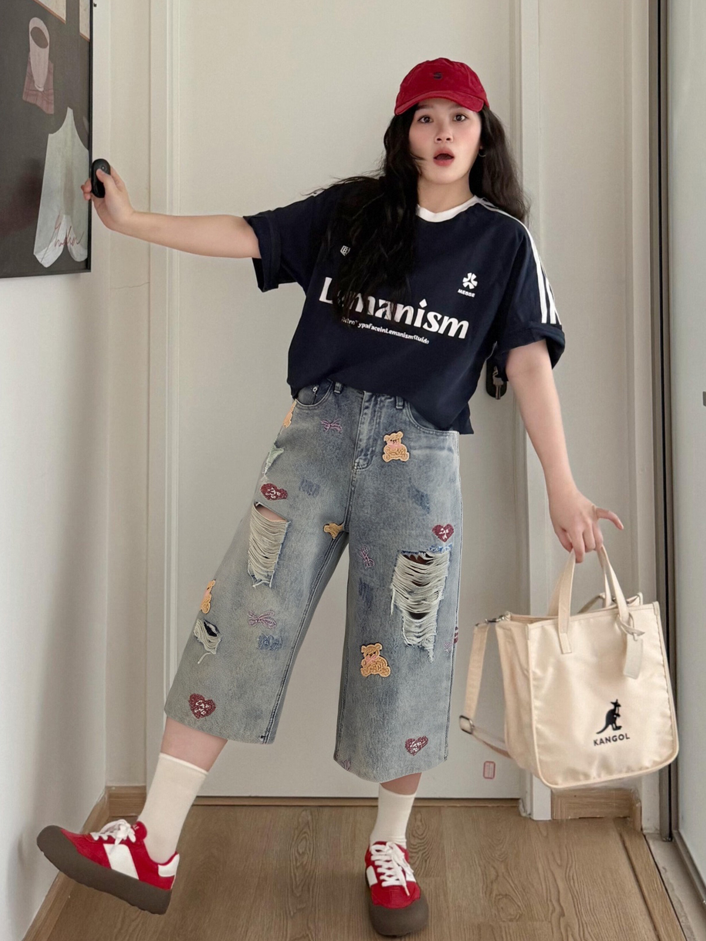 Plus Size Large Size Retro Bear Embroidered Ripped Denim Shorts for Women Summer Ripped Loose Slimming Look Wide Leg Cropped Pants