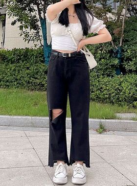 300斤特大码女装显瘦遮胯黑色九分牛仔裤女胖mm宽松ins破洞直筒裤