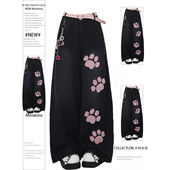 女胖mm黑色高级感学生阔腿裤 300斤特大码 甜酷风猫爪刺绣牛仔裤 子