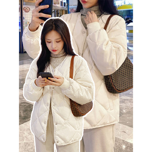 特大码女装胖mm温柔风菱格设计羽绒棉服女秋冬新款白色棉衣外套女