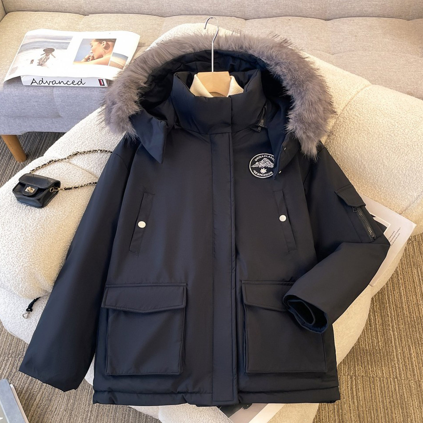 胖mm大码女装黑色毛领棉服女冬季加厚连帽美式工装风保暖夹棉外套,女装/女士精品,大码棉服,淘宝优惠券,粉丝福利购,淘宝优惠卷