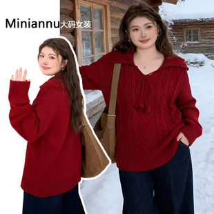 300斤特大码 高级感过年穿搭红色毛衣女胖mm宽松减龄针织上衣 女装