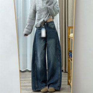 女装 显瘦直筒裤 美式 女胖mm梨形报恩裤 子 深蓝色牛仔裤 300斤特大码
