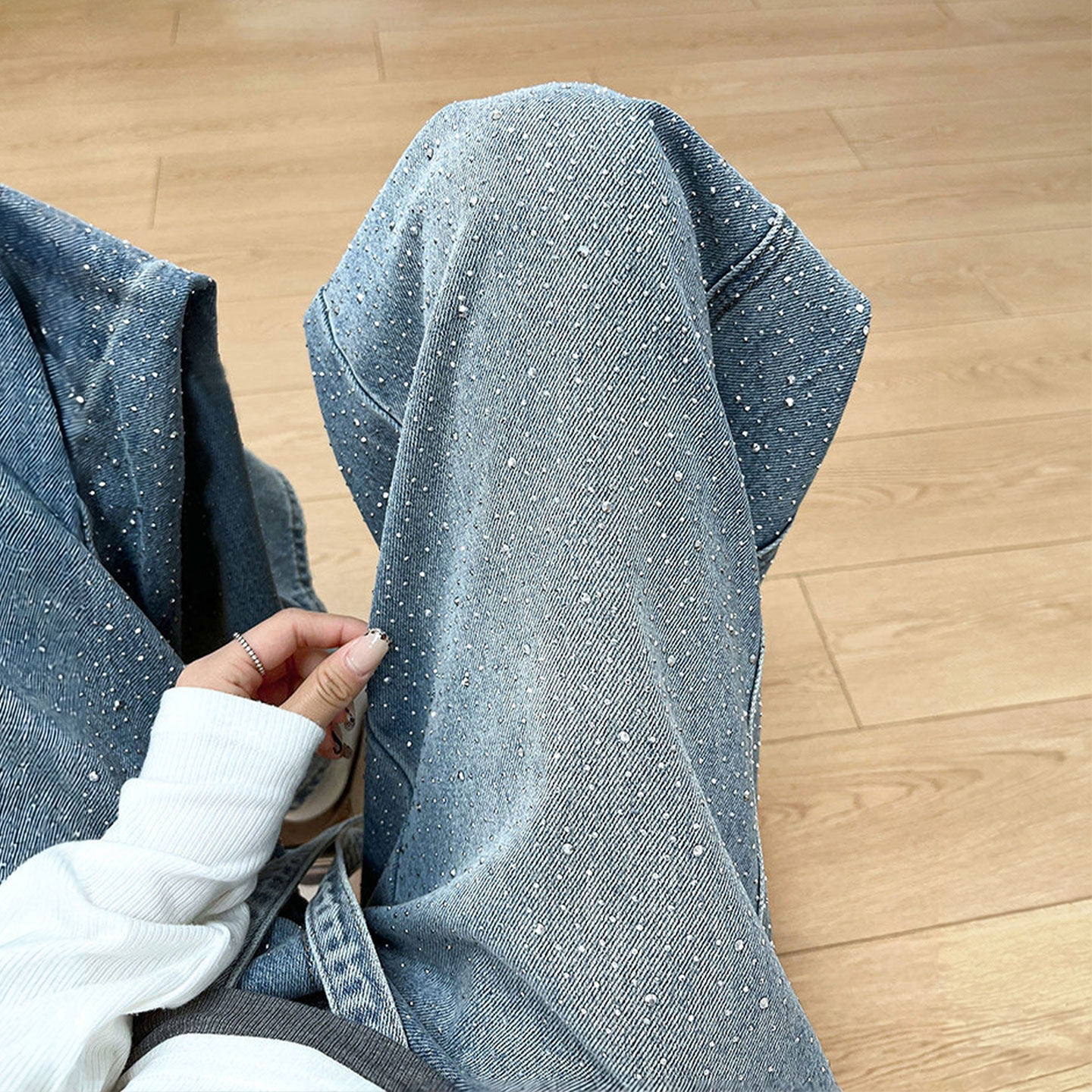 大码女装美式穿搭满钻牛仔裤女胖mm遮肉显瘦裤子韩系慵懒风直筒裤