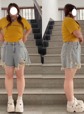 特大码蓝色高腰显瘦阔腿牛仔短裤女夏季胖mm巨显瘦穿搭破洞热裤子