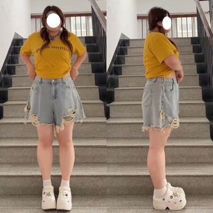 子 特大码 蓝色高腰显瘦阔腿牛仔短裤 女夏季 胖mm巨显瘦穿搭破洞热裤