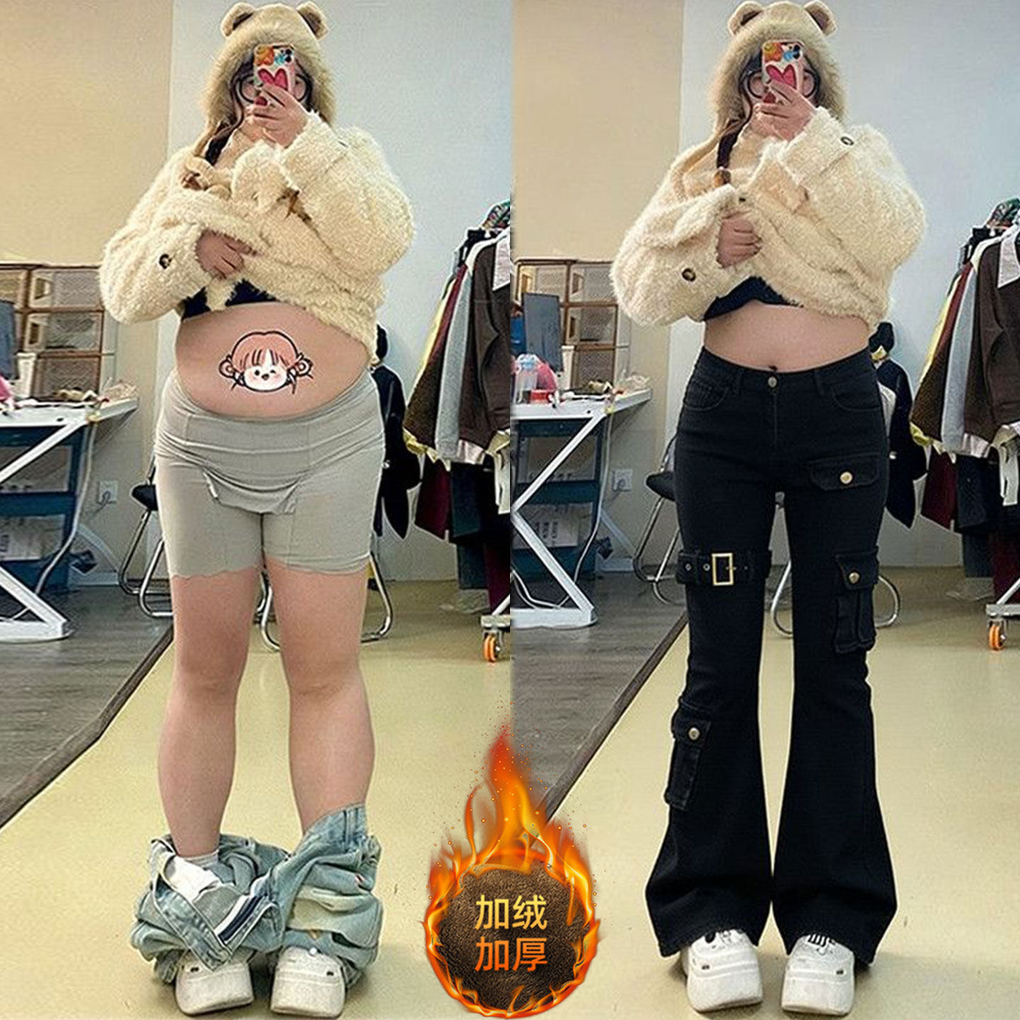 大码女装黑色加绒加厚牛仔裤女胖mm弹力裤子美式工装多口袋微喇裤,女装/女士精品,大码裤装,淘宝优惠券,粉丝福利购,淘宝优惠卷