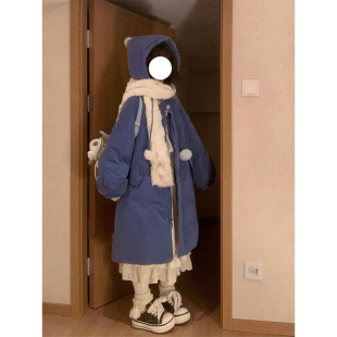 牛仔蓝加厚长款 胖mm学院风连帽棉服女冬季 保暖面包服外套 女装 大码