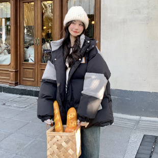 胖mm大码 学院风显瘦黑色外套女 女装 拼接加厚保暖棉衣棉服女秋冬季
