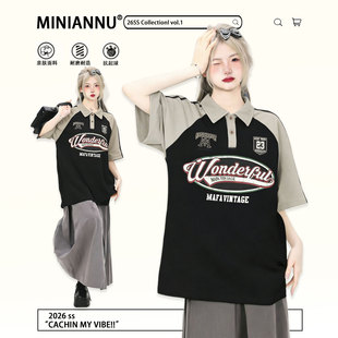 穿搭黑色polo领短袖 美式 t恤女胖mm慵懒风宽松撞色上衣 女装 特大码