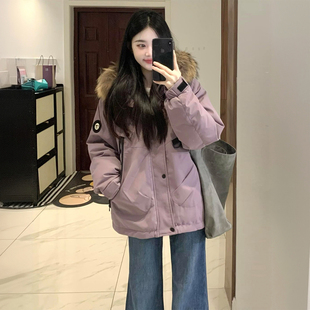 300斤特大码 派克服女胖mm紫色保暖加厚大毛领棉服 宽松休闲风工装