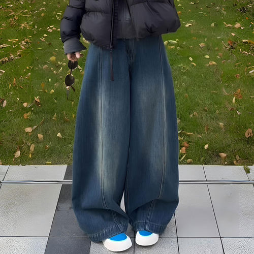 大码胖mm高腰弯刀阔腿牛仔裤女裤