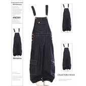 黑色多口袋牛仔背带裤 女美式 街头宽松垂感工装 胖mm特大码 连体裤 子