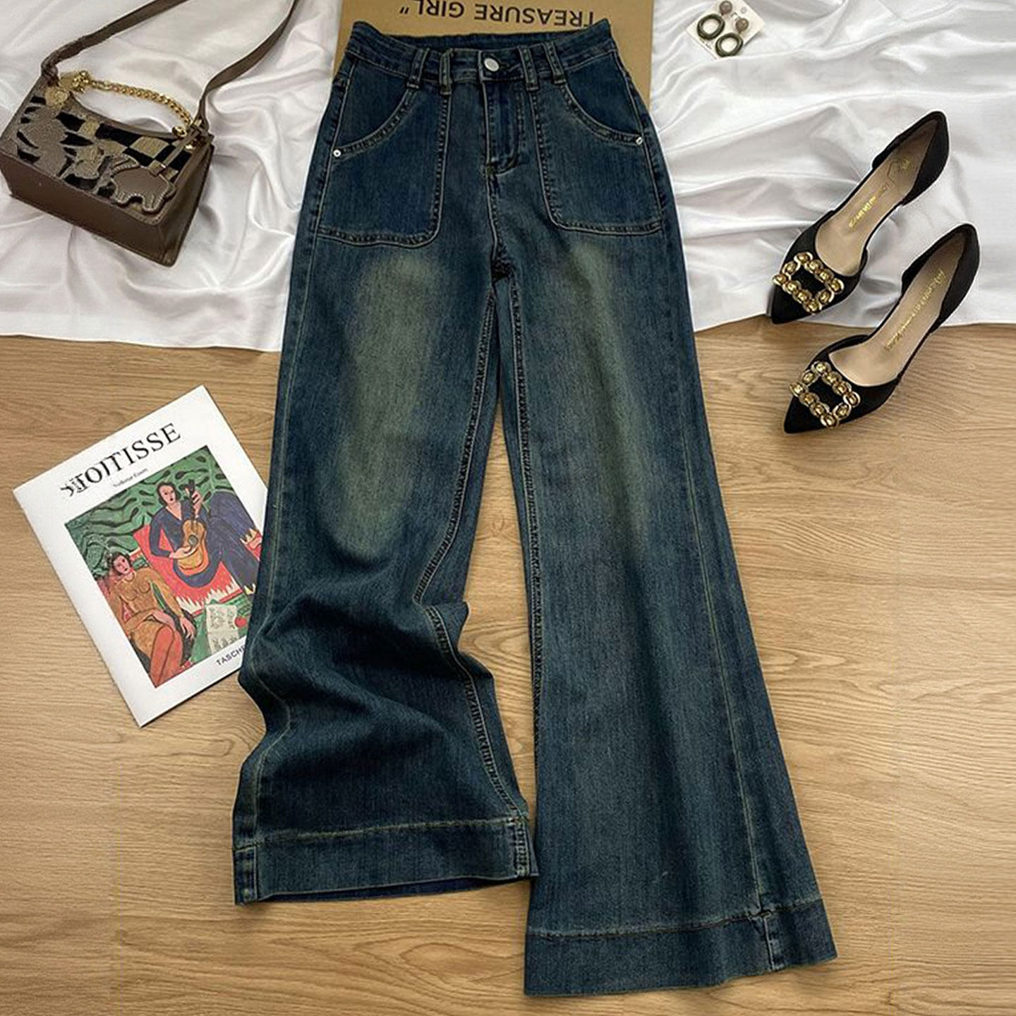 特大码胖mm蓝色显瘦版型超好看的牛仔裤女美式宽松慵懒风微喇裤子,女装/女士精品,大码裤装,淘宝优惠券,粉丝福利购,淘宝优惠卷