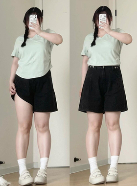 300斤大码女装夏季黑色牛仔短裤女胖mm宽松显瘦裤子松紧腰五分裤