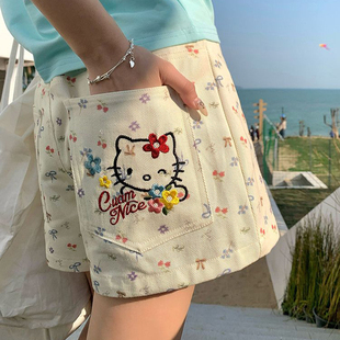 大码 胖mm蝴蝶结设计kitty猫咪白色牛仔短裤 女胖mm显瘦a字阔腿热裤