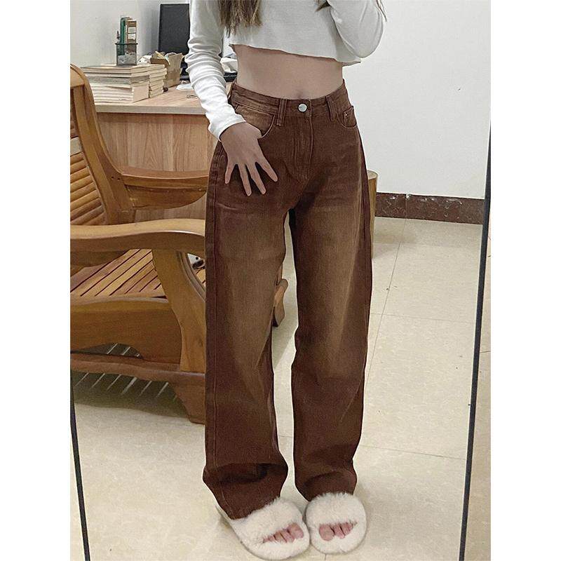 特大码胖mm美式复古棕色直筒牛仔裤女新款学生裤子高腰显瘦阔腿裤,女装/女士精品,大码裤装,淘宝优惠券,粉丝福利购,淘宝优惠卷