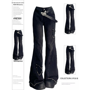 女装 裤 胖mm蝴蝶刺绣微喇叭牛仔裤 型超好看 子 女黑色高级感版 大码