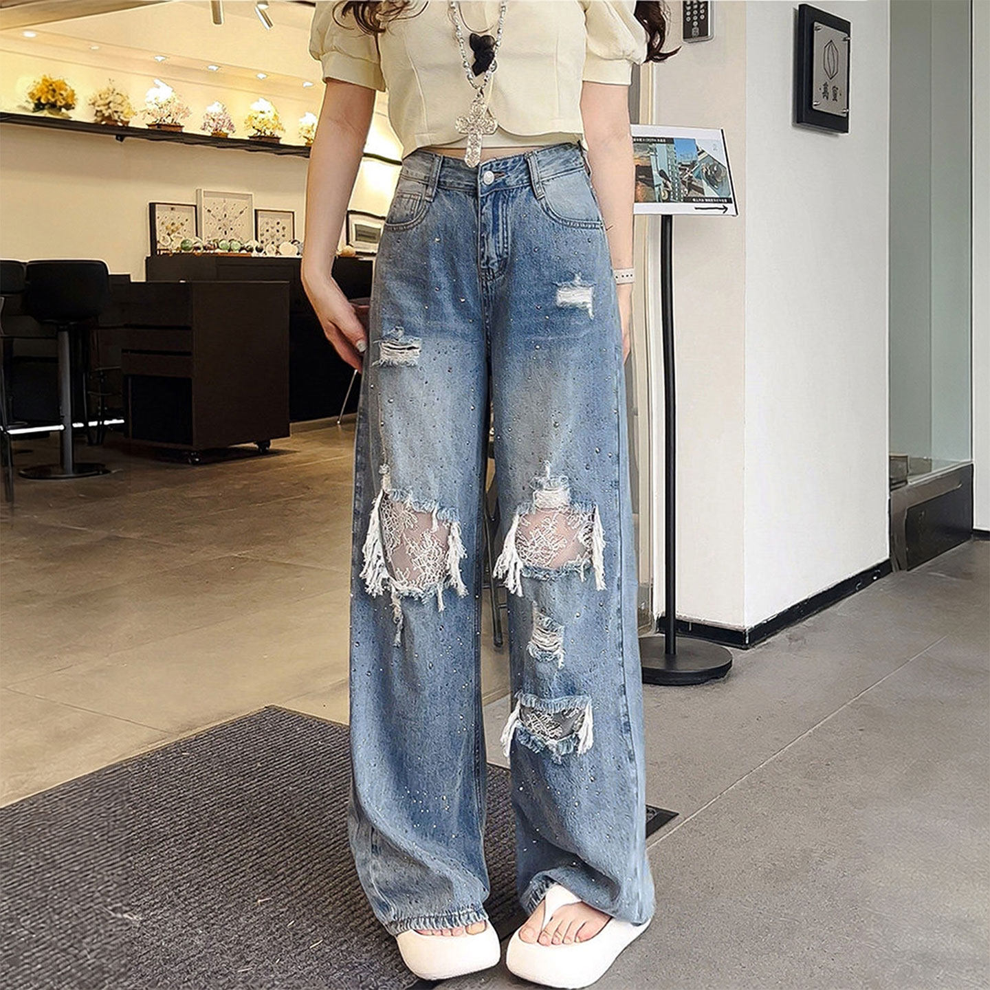 胖mm大码女装甜美风蓝色休闲牛仔裤阔腿宽松显瘦韩系chic感裤子女