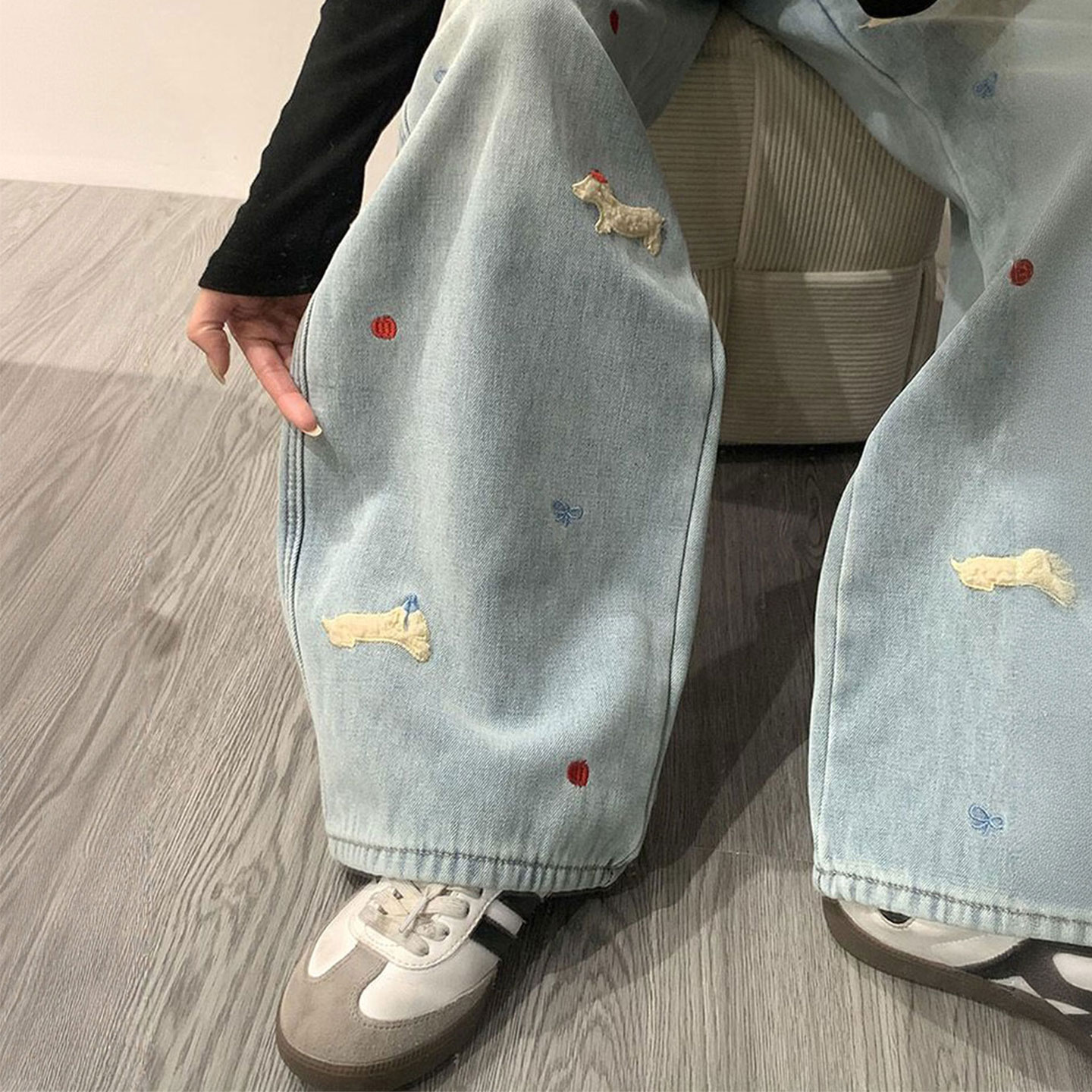 胖mm大码重工ins刺绣设计裤子女