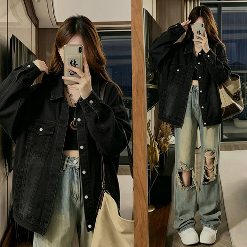 胖mm特大码松弛感落肩牛仔外套女