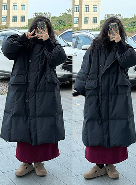 大码女装黑色韩系长款过膝棉服女胖mm高级感简约时尚显瘦棉衣外套