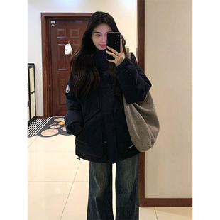 胖mm派克服加厚工装 特大码 复古藏青色羽绒棉服女冬季 美式 外套 女装