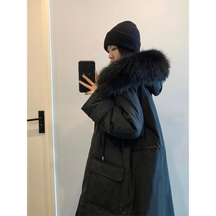 风棉服女冬季 胖mm大码 工装 黑色长款 加厚宽松大毛领面包服外套 女装