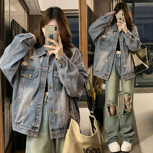 大码胖mm美式潮流破洞牛仔外套女
