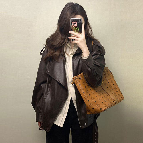 大码胖mm美式穿搭宽松夹克皮衣女
