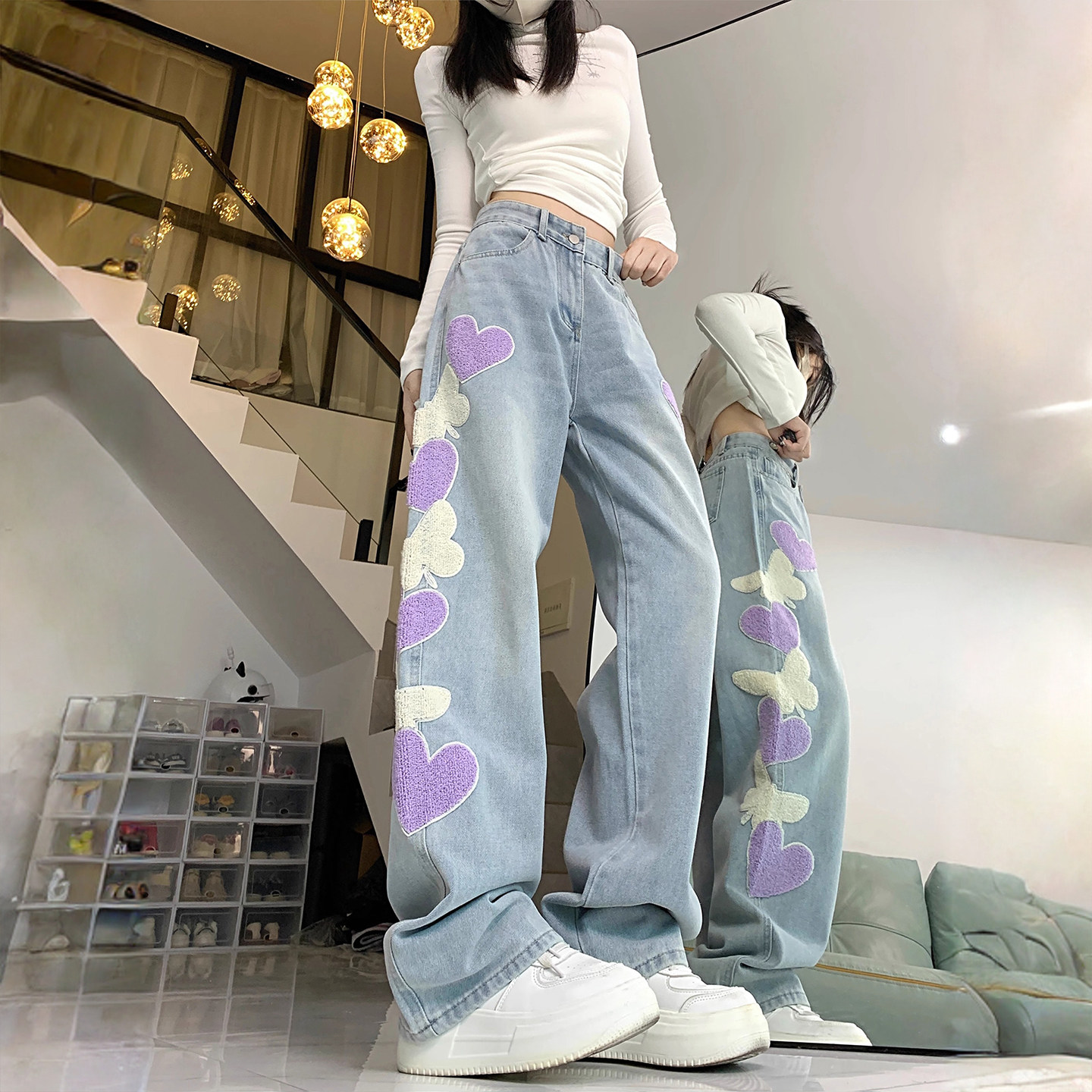 300斤大码女装美式高街牛仔裤女胖mm显瘦设计感爱心刺绣阔腿裤子,女装/女士精品,大码裤装,淘宝优惠券,粉丝福利购,淘宝优惠卷