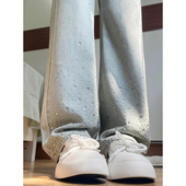 子重工烫钻宽松长裤 300斤大码 女胖mm新款 裤 女装 设计感阔腿牛仔裤