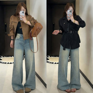 超好看炸街裤 特大码 显瘦阔腿裤 女时尚 子 胖mm蓝色满天星烫钻牛仔裤