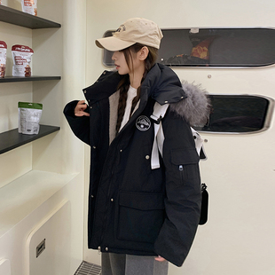 风毛领棉服女保暖宽松派克服连帽加厚外套潮 胖mm黑色工装 大码 女装