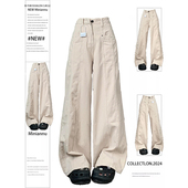 工装 女装 胖mm大码 新款 美式 女秋季 子设计感阔腿拖地裤 牛仔裤 高腰裤