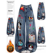 女装 胖mm趣味卡通刺绣加绒牛仔裤 女秋冬厚裤 大码 子复古宽松直筒裤