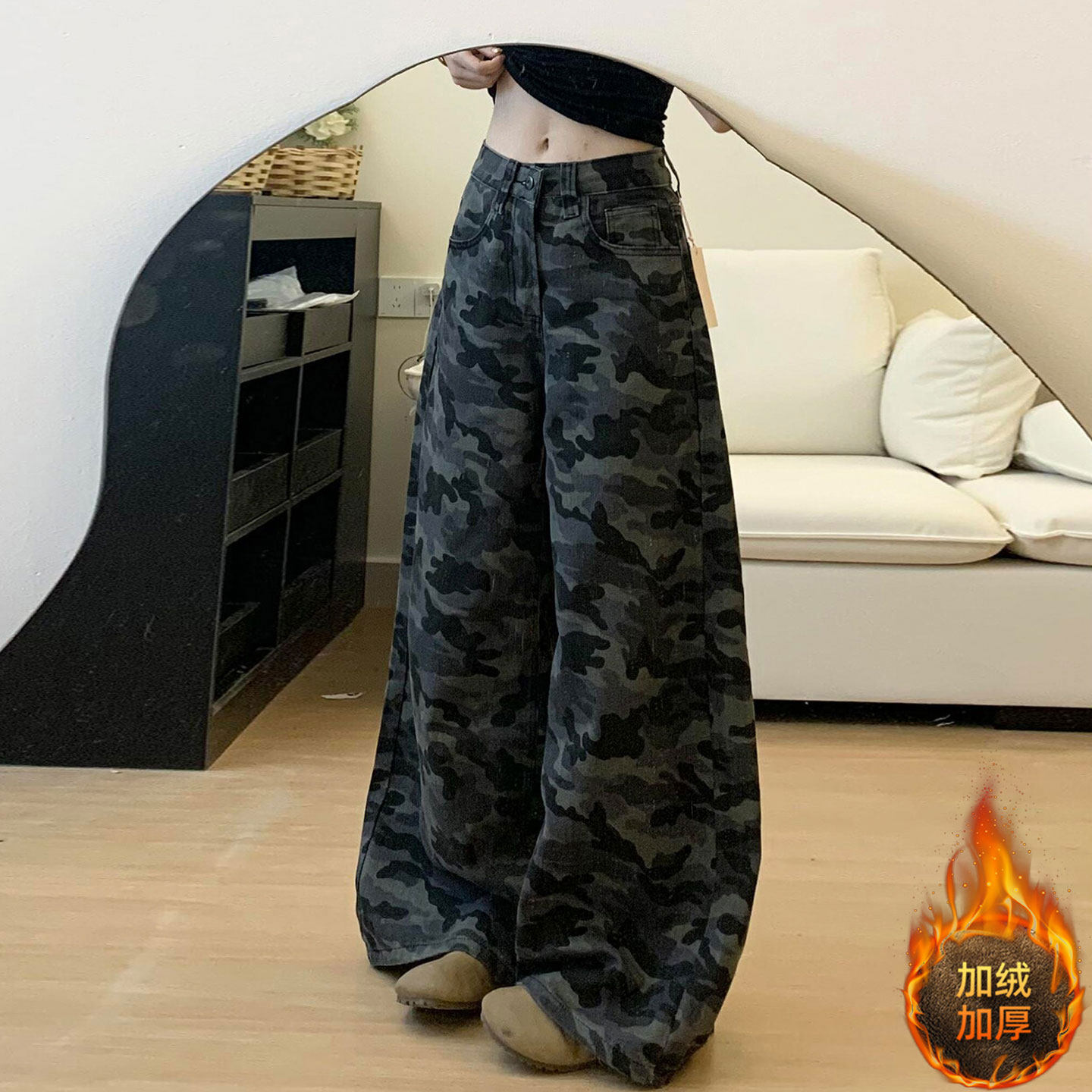 特大码胖mm美式迷彩辣妹风牛仔裤女百搭显瘦加绒加厚工装阔腿裤子,女装/女士精品,大码裤装,淘宝优惠券,粉丝福利购,淘宝优惠卷
