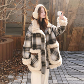 胖mm大码 复古格纹拼接毛领棉服女冬季 保暖羊羔毛加厚宽松显瘦外套