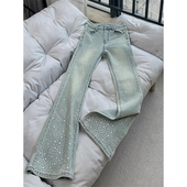 子显瘦阔腿裤 300斤大码 高街牛仔裤 女胖mm春秋重工烫钻裤 女装 美式