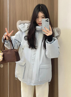 胖mm大码女装韩版加厚连帽羽绒棉服女冬季新款蓝色宽松保暖外套女