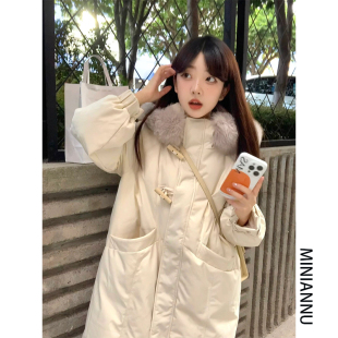 外套显瘦慵懒风加厚保暖棉衣 大码 女装 胖mm棉服女长款 过膝白色冬季