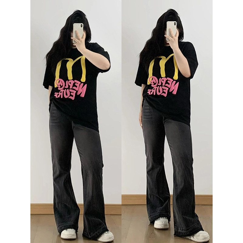 大码女装微胖mm美式字母印花短袖t恤女夏季宽松休闲显瘦黑色上衣