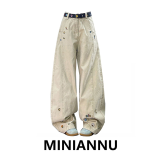 卡通刺绣松弛感裤 特大码 新款 女秋季 子 胖mm杏色垂感显瘦阔腿牛仔裤