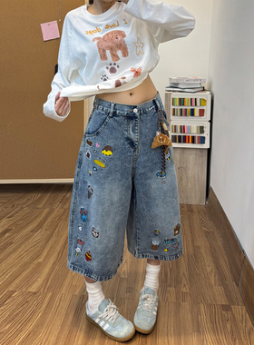 胖mm特大码女装设计感蓝色刺绣阔腿牛仔短裤女小个子显瘦七分裤子