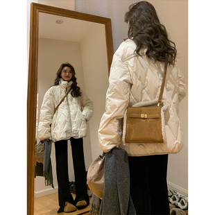 300斤大码 小个子加厚保暖宽松外套 胖mm菱格米白色棉服女韩系短款