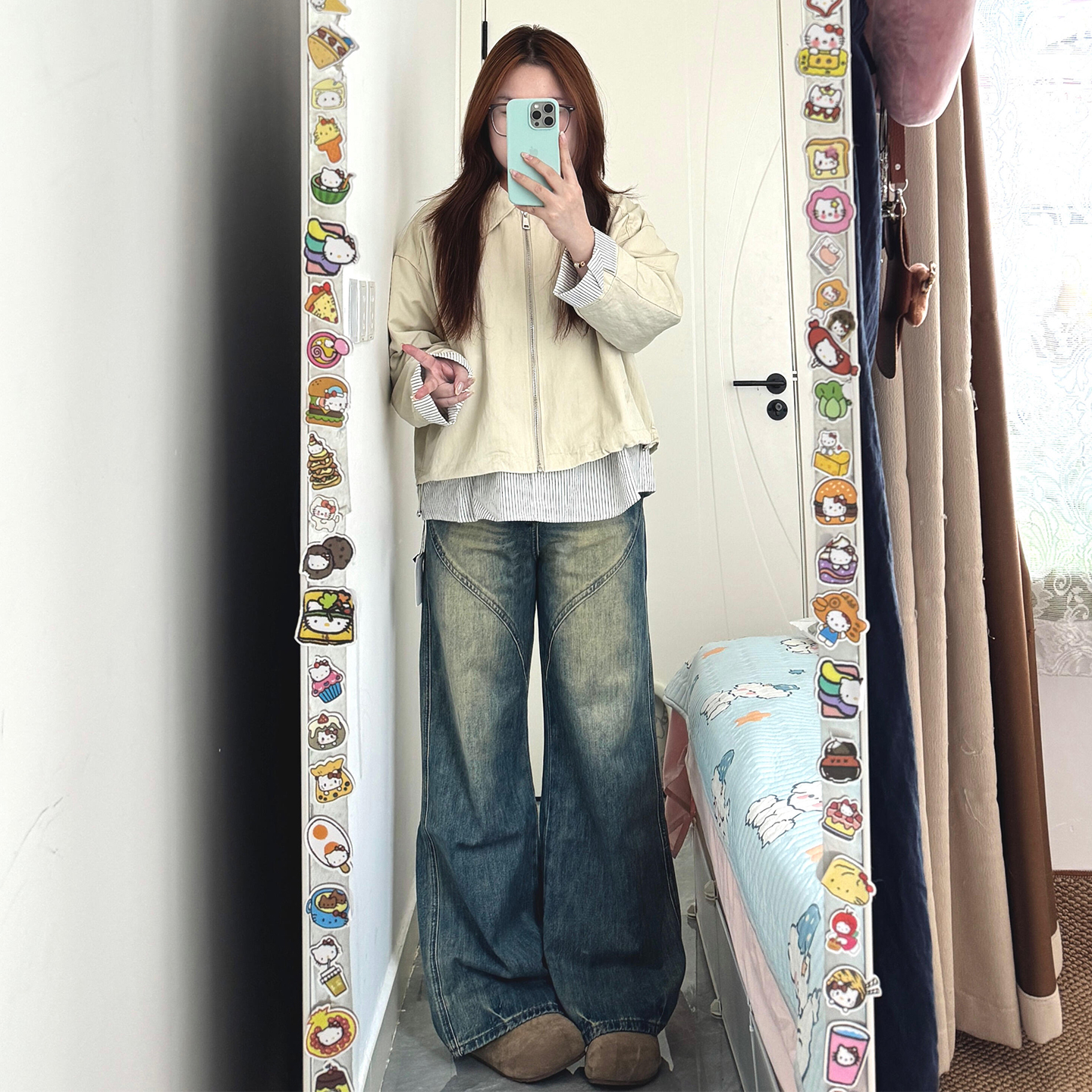 特大码女装做旧水洗设计感裤子女