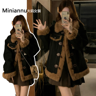 高街黑色保暖棉服女胖mm宽松显瘦加厚牛仔外套 美式 300斤大码 女装