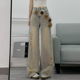 女装 女学院风小个子破洞直筒裤 蓝色版 牛仔裤 子 型特别好 胖mm大码